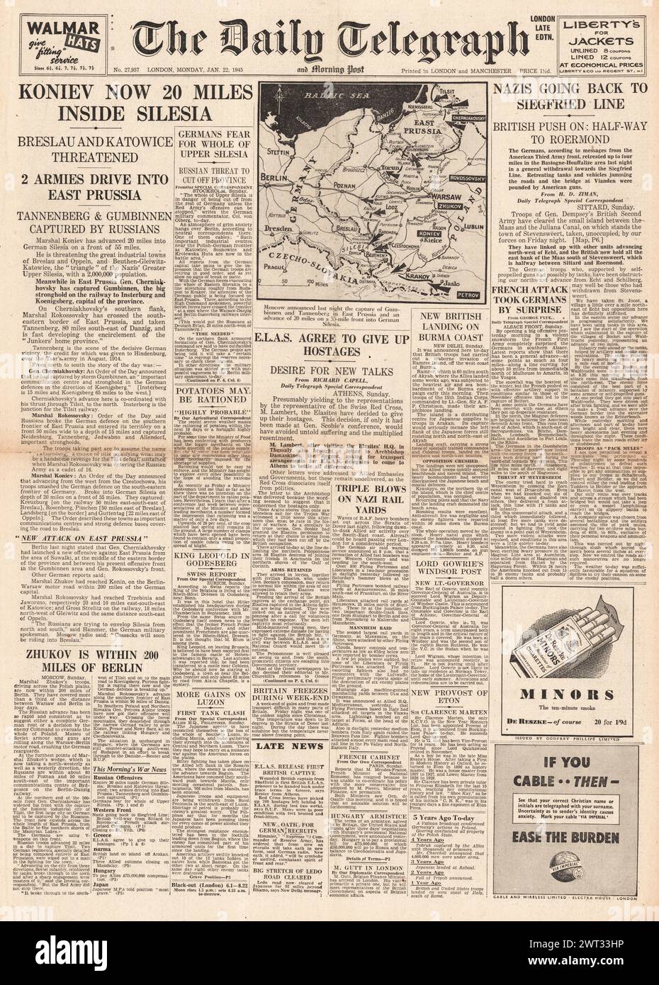 1945 la prima pagina del Daily Telegraph riportava la cattura del memoriale di Tannenberg, l'Armata Rossa nella Prussia Orientale e nella Slesia, le forze britanniche avanzarono intorno a Sittard e alla terra britannica sull'isola di Ramree Foto Stock