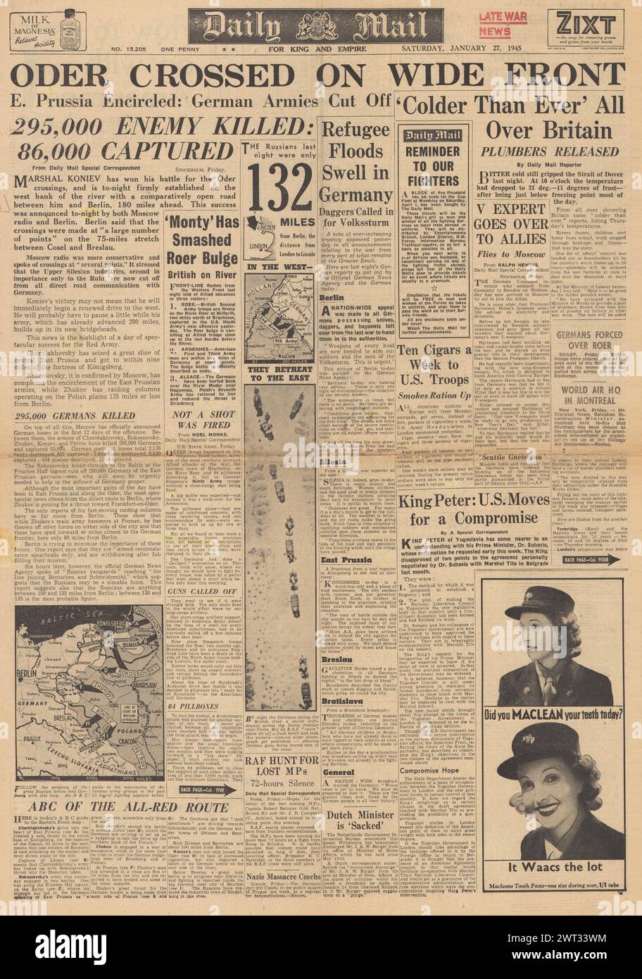 1945 la prima pagina del Daily mail riportava che l'Armata Rossa attraversava l'Oder e la Prussia Orientale tagliata fuori Foto Stock