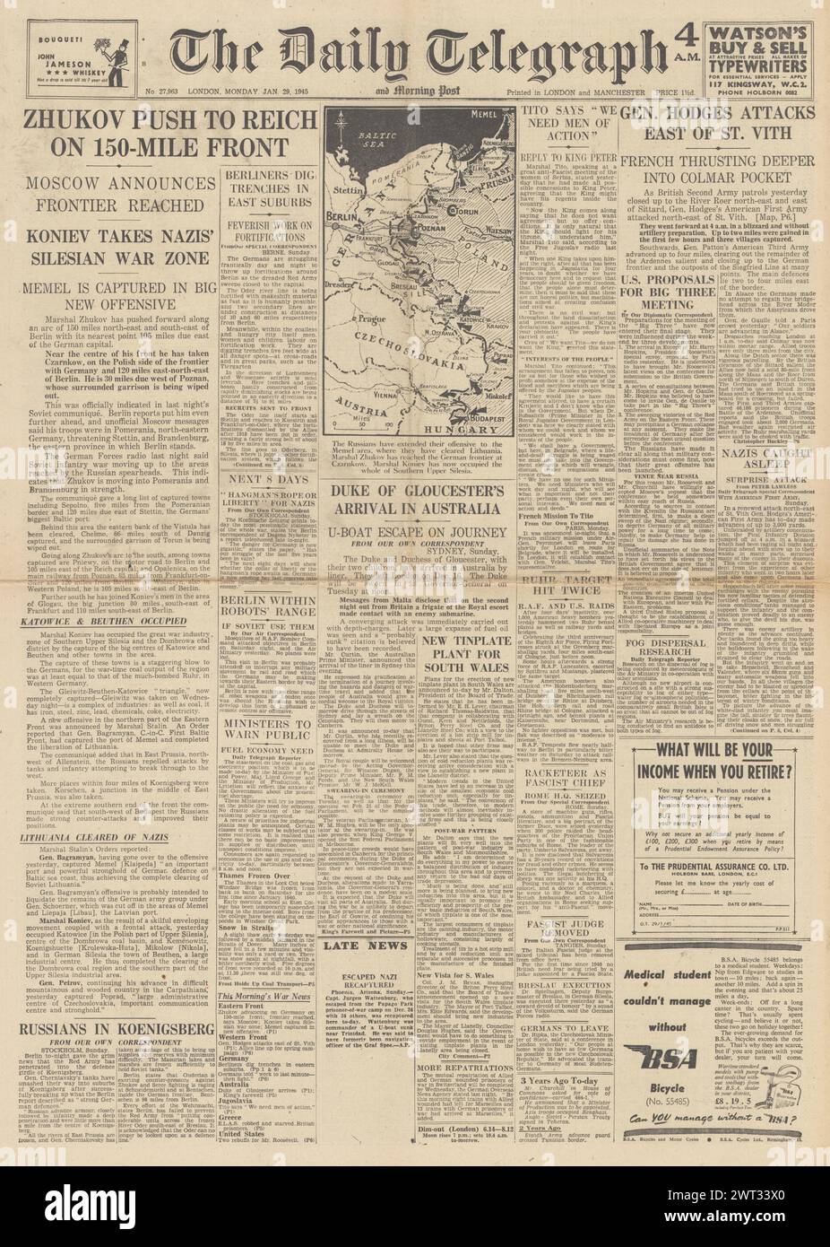 1945 la prima pagina del Daily Telegraph riportava la cattura di Memel da parte dell'Armata Rossa, l'avanzata in Slesia, le forze statunitensi ad est di St Vith e Duke of Gloucester in Australia Foto Stock