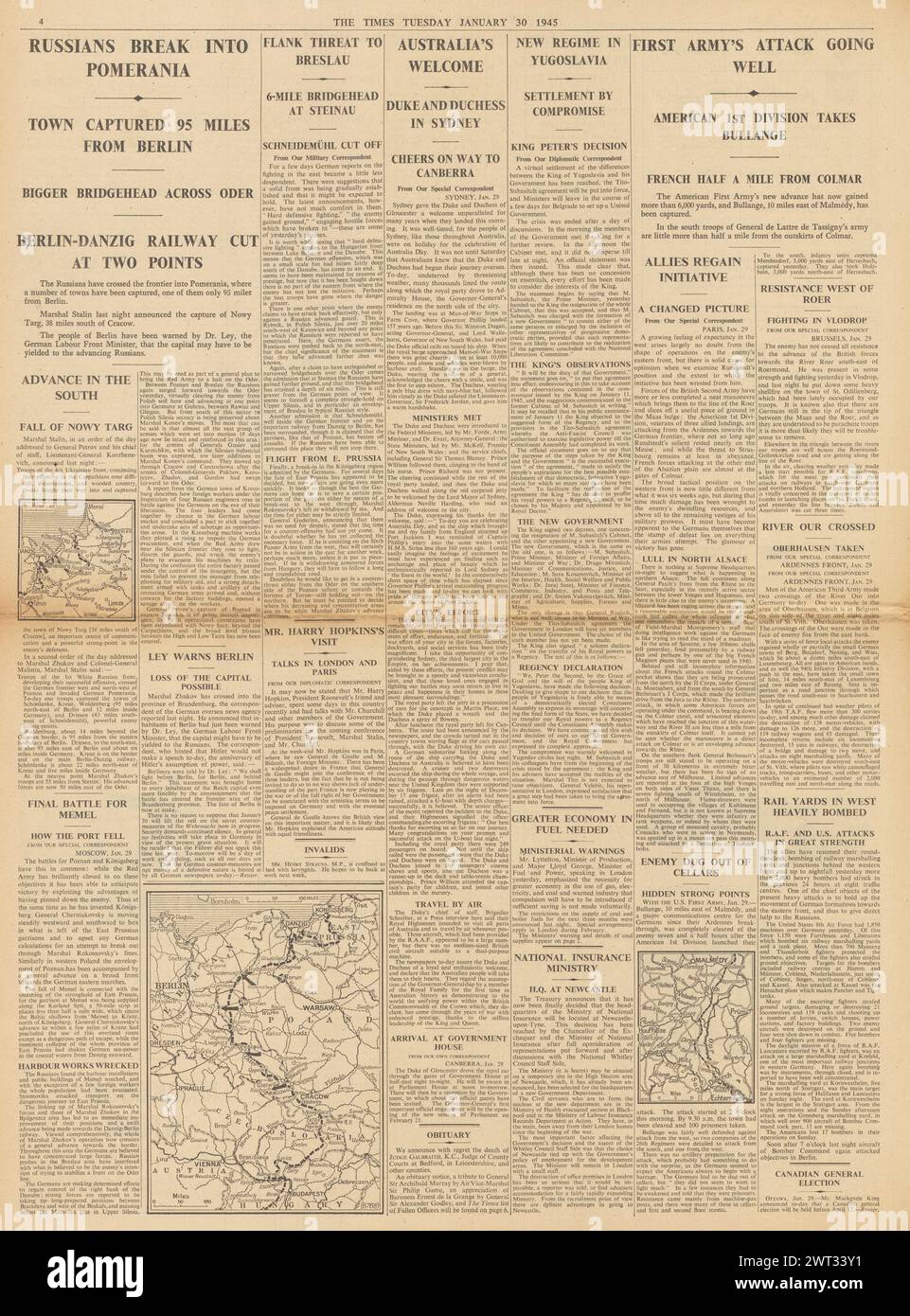 1945 The Times riportava che l'Armata Rossa in Pomerania, le forze statunitensi catturarono Bullange e il duca e la duchessa di Gloucester accolti in Australia Foto Stock