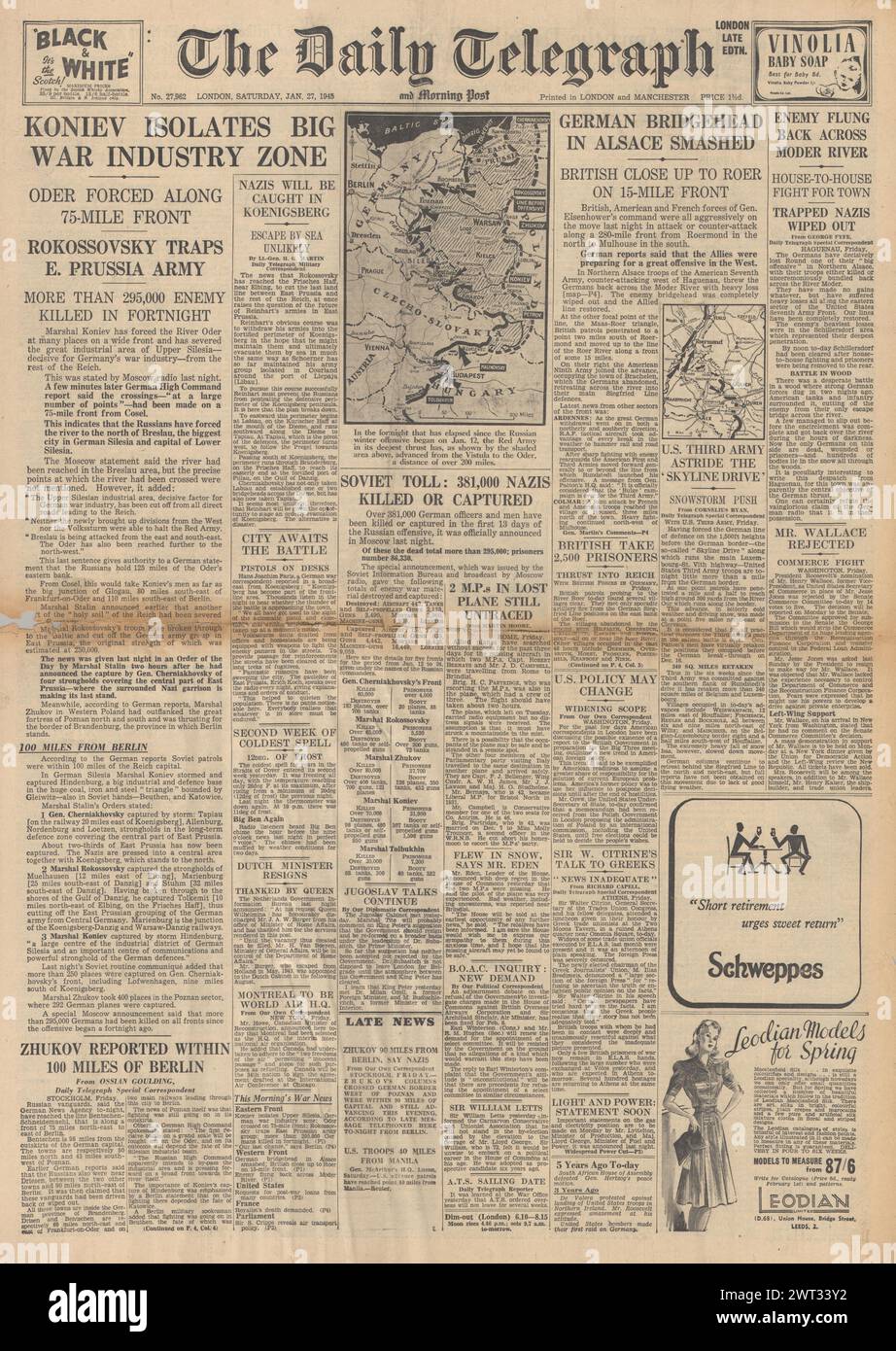 1945 la prima pagina del Daily Telegraph riportava l'avanzata dell'Armata Rossa in Slesia, la Prussia orientale tagliata fuori e la testa di ponte tedesca si schiantò in Alsazia Foto Stock