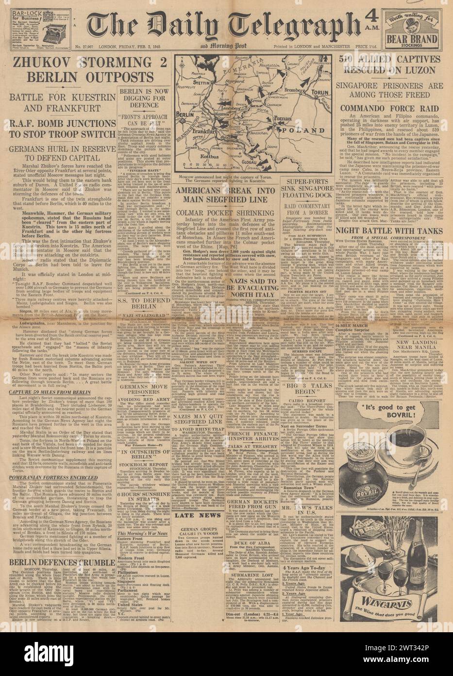 1945 la prima pagina del Daily Telegraph riportava l'avanzata dell'Armata Rossa sull'Oder, le forze statunitensi sulla linea Sigfrido e la battaglia per le Filippine Foto Stock