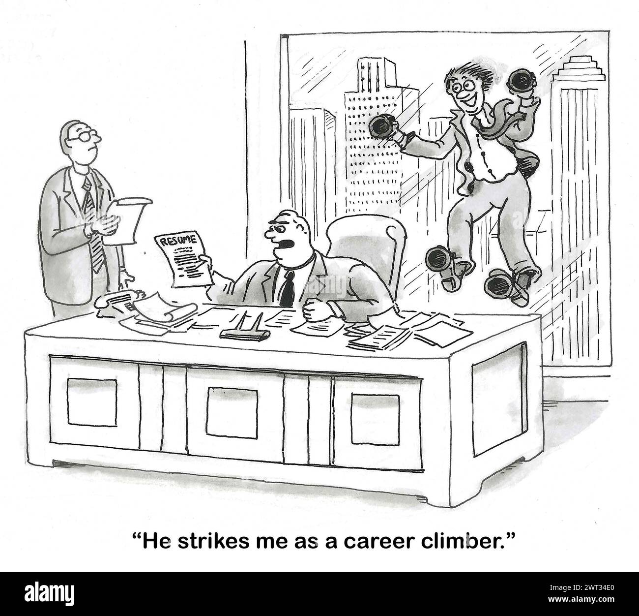 Il cartone animato BW di un reclutatore che guarda un curriculum, il "Career climber" è proprio fuori dalla sua finestra. Foto Stock