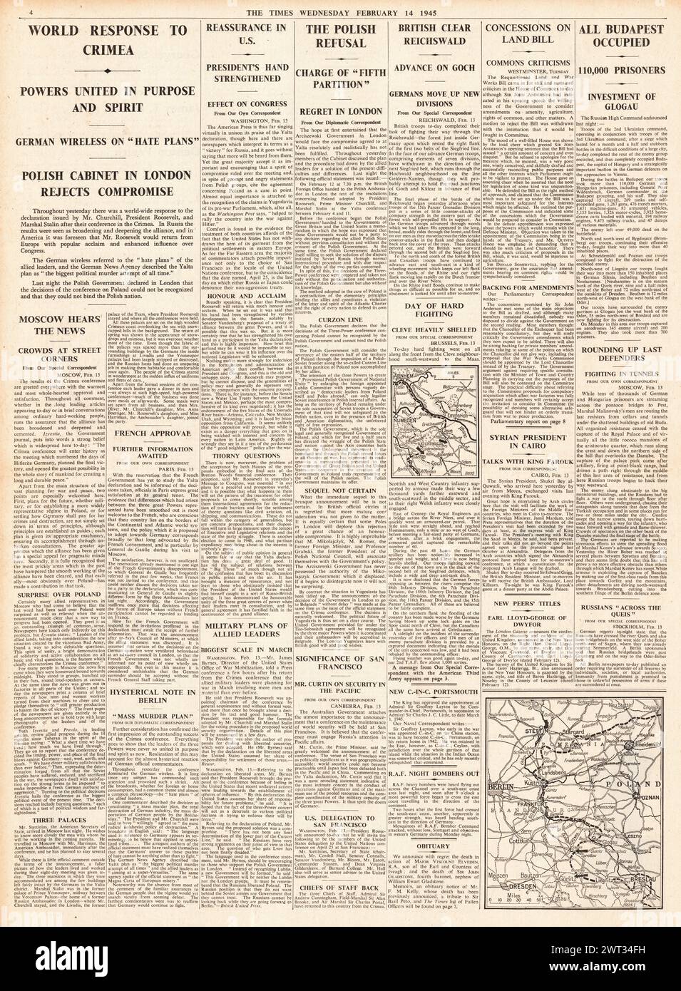 1945 The Times riportava la Conferenza di Yalta, l'Armata Rossa catturò Budapest e le forze britanniche liberarono Reichswald Foto Stock