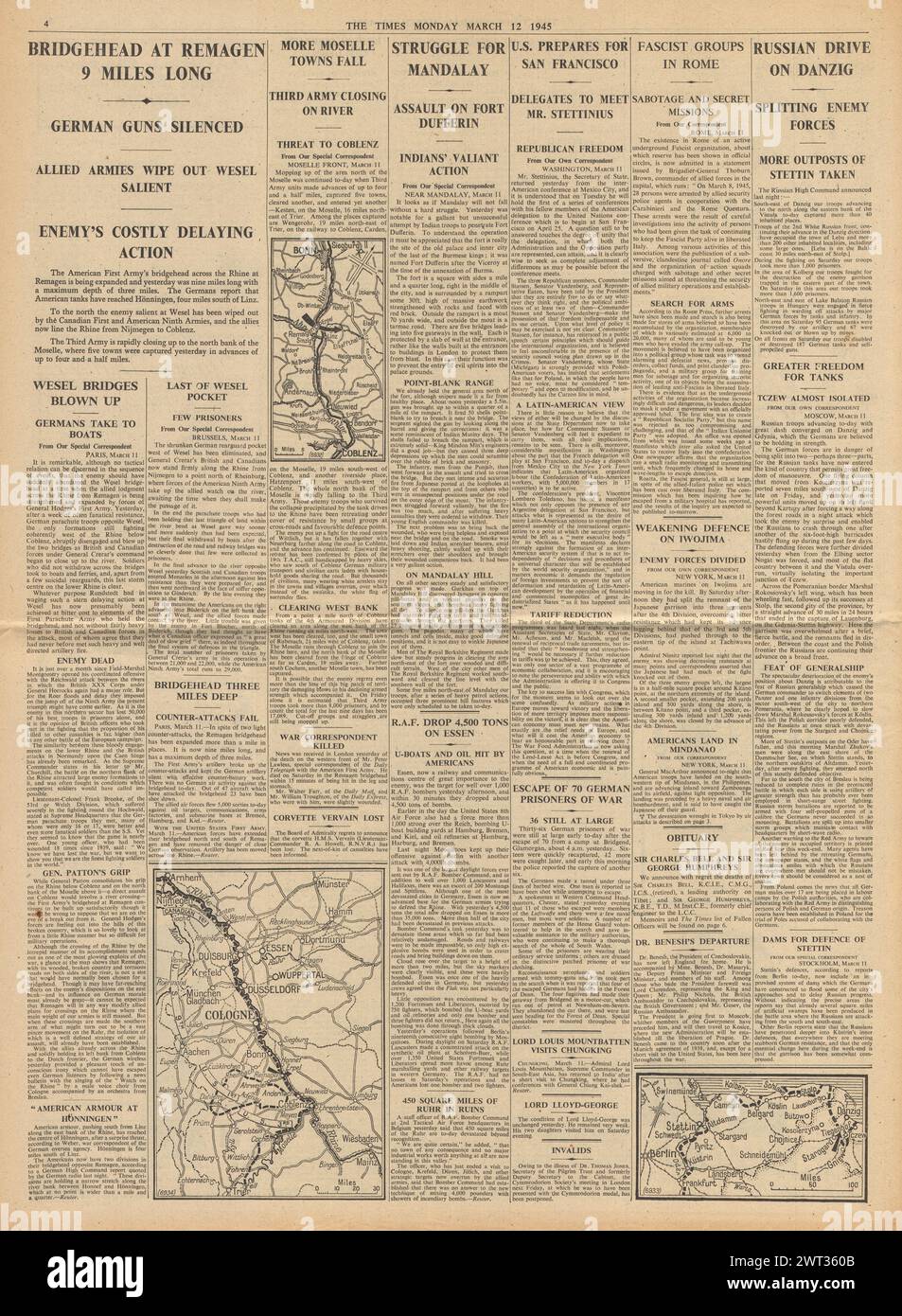 1945 The Times riporta che gli Alleati sul Reno, la RAF bombardano Essen, i prigionieri di guerra tedeschi fuggono in Galles, l'Armata Rossa a Danzica e combattono per Mandalay Foto Stock