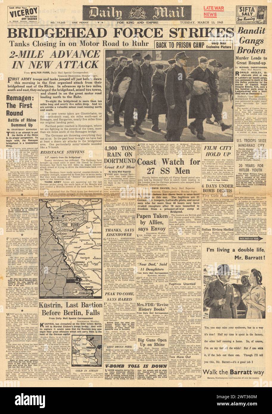 1945 la prima pagina del Daily mail riporta che gli Alleati sul Reno, l'Armata Rossa catturano Kustrin, la bomba della RAF Dortmund e i prigionieri di guerra tedeschi fuggono in Galles Foto Stock