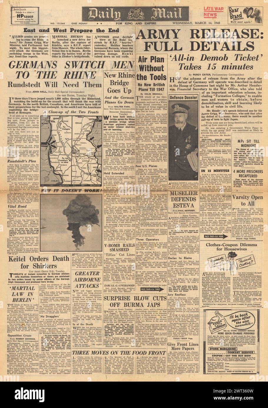 1945 la prima pagina del Daily mail riporta gli Alleati sul Reno, Demob Plans e Battle for Mandalay Foto Stock