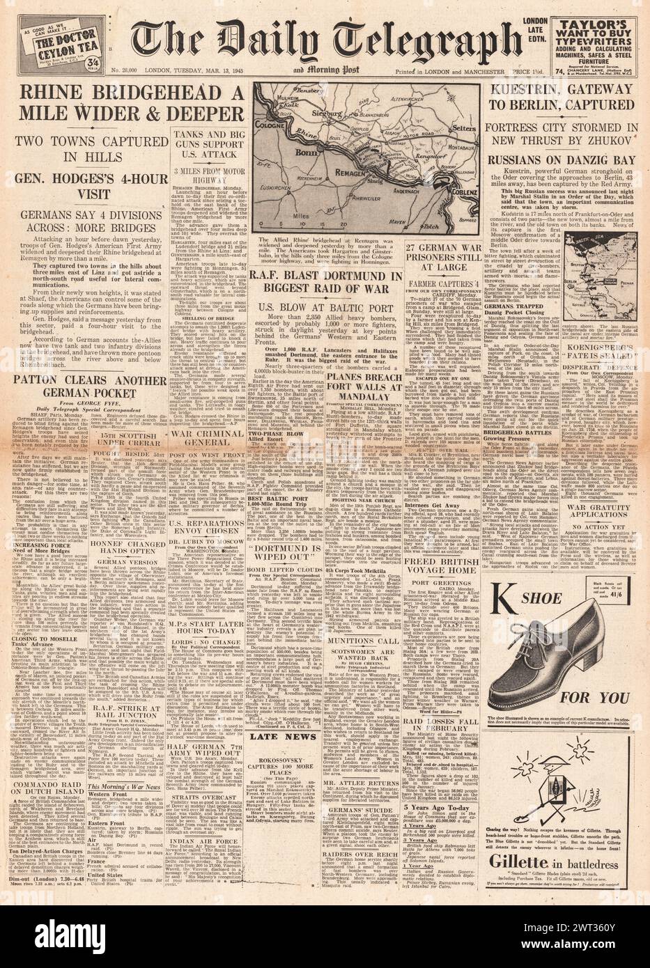 1945 la prima pagina del Daily Telegraph riportava che gli Alleati sul Reno, l'Armata Rossa catturavano Kustrin, la bomba della RAF Dortmund e i prigionieri di guerra tedeschi fuggivano in Galles Foto Stock