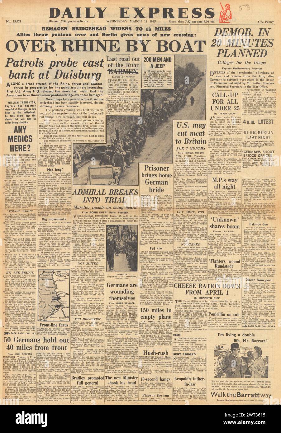 1945 la prima pagina del Daily Express riporta gli Alleati sul Reno e sui piani Demob Foto Stock