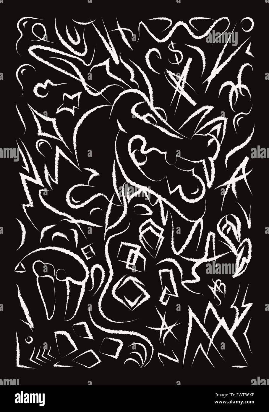Illustrazione a doodle astratta di Dragon tratto di pennello Street art biglietto di auguri immagine disegnata a mano in gesso bianco isolata su sfondo nero Illustrazione Vettoriale