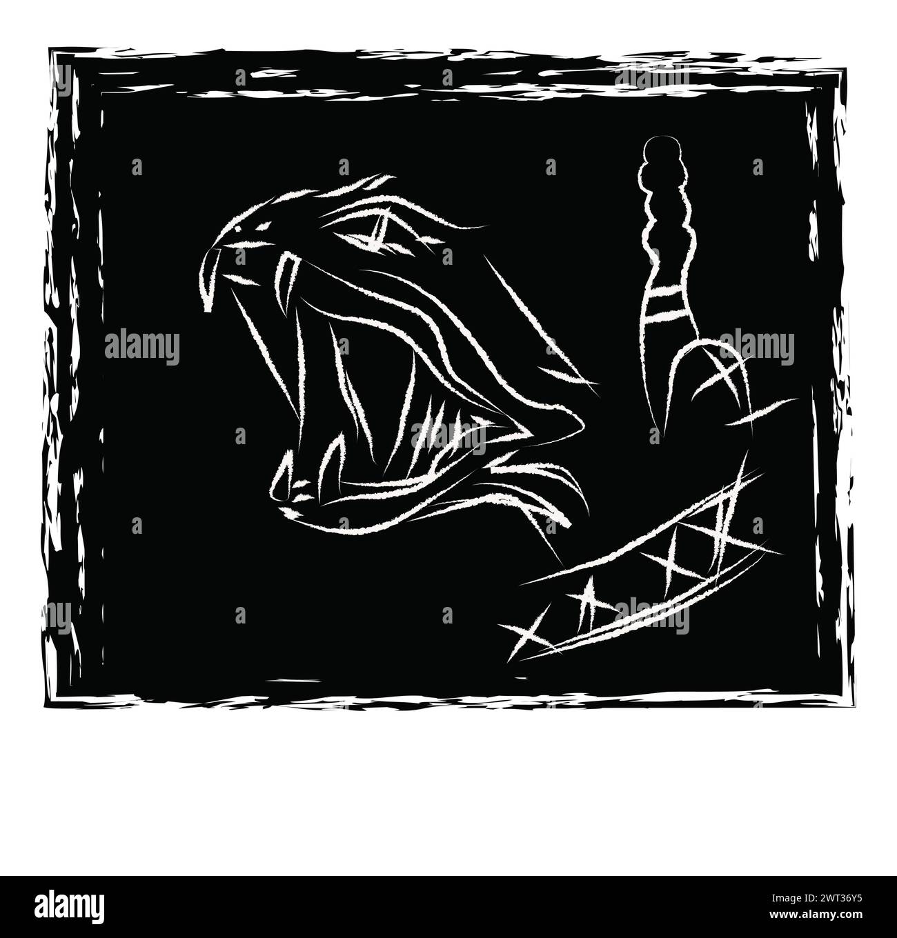 Rattlesnake illustrazione astratta a doodle serpente disegnato a mano tratto di pennello Street art illustrazione in gesso bianco su Vector nero isolato sul retro nero Illustrazione Vettoriale