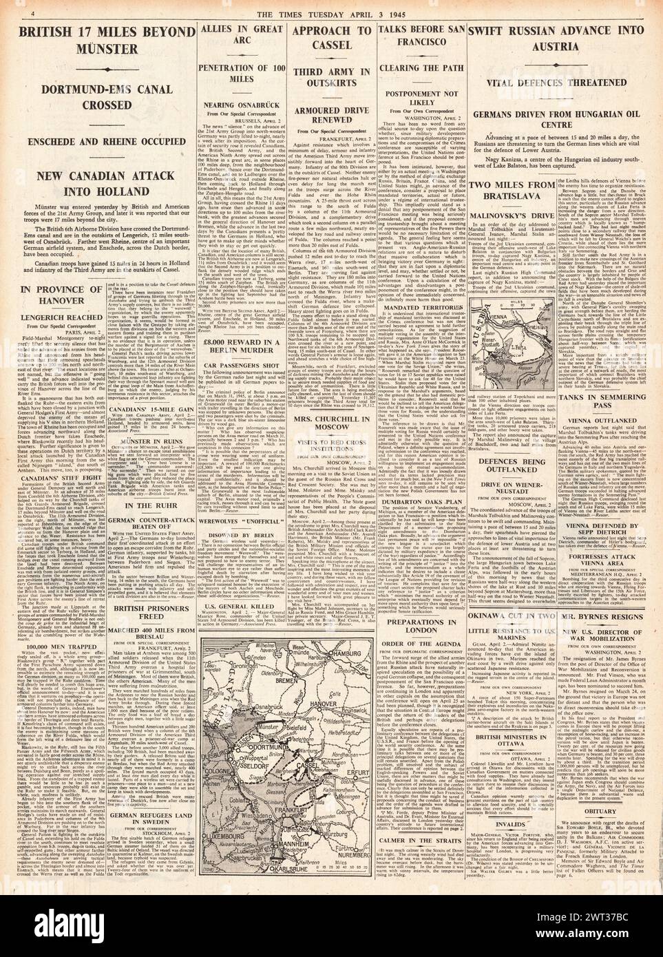 1945 The Times riportava che l'Armata Rossa entrava in Austria, le forze britanniche oltre Munster, le forze americane avanzavano su Kassell e sulla Conferenza di San Francisco Foto Stock
