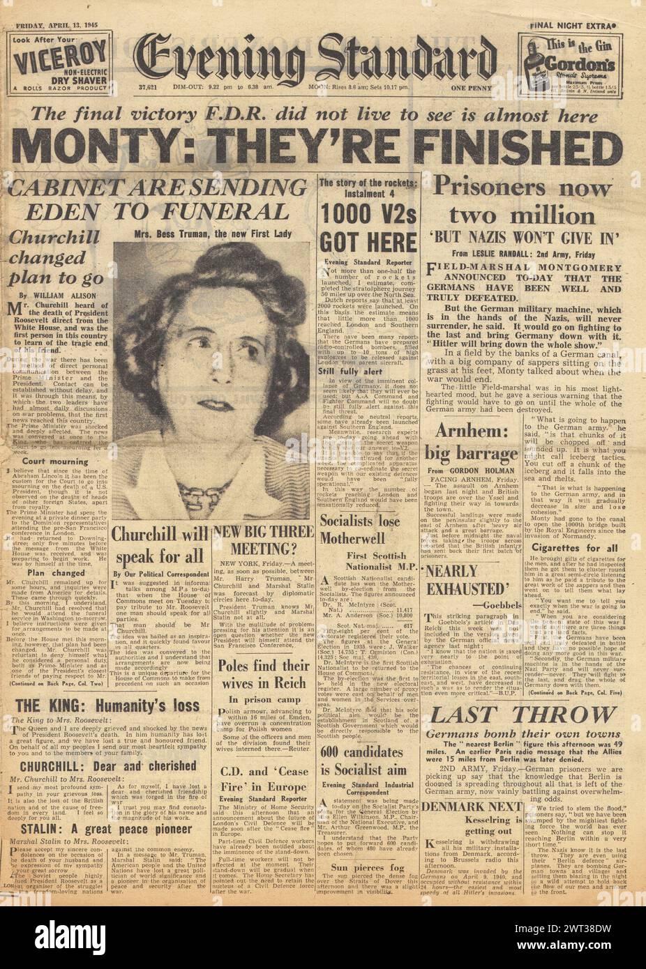 1945 Evening Standard in prima pagina che riporta la morte del presidente Roosevelt, Montgomery dice che la Germania è finita e V2 attacchi missilistici contro l'Inghilterra Foto Stock