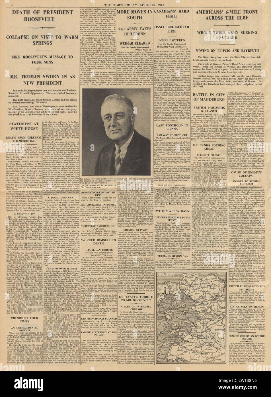 1945 il Times riporta che gli alleati attraversano l'Elba e la morte del presidente Roosevelt Foto Stock