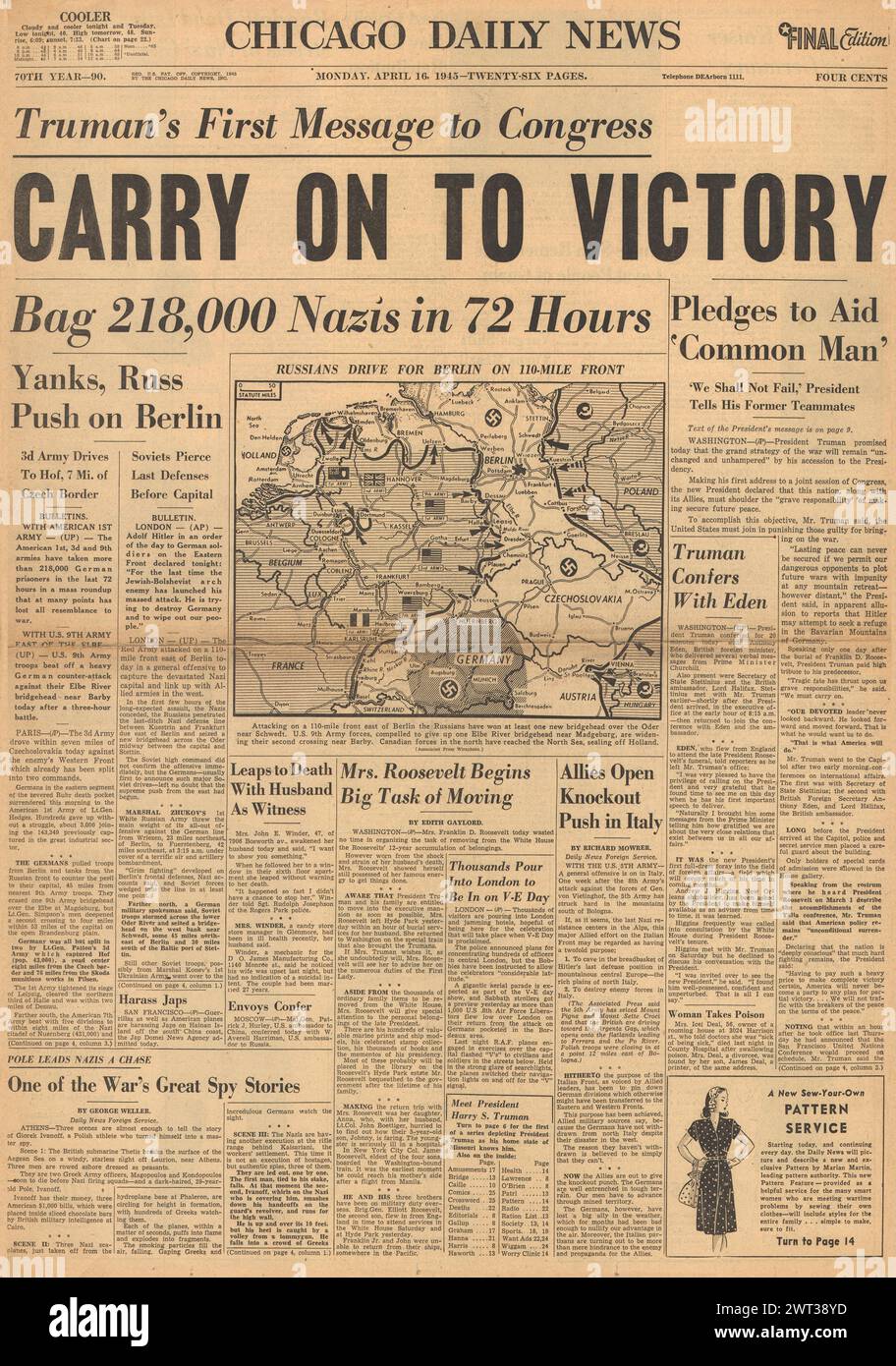 1945 la prima pagina del Chicago Daily News riporta Truman discorso sulla vittoria e i prigionieri di guerra tedeschi Foto Stock