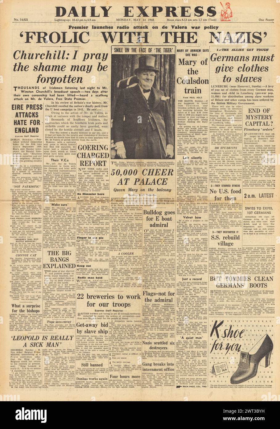 1945 la prima pagina del Daily Express riporta gli attacchi di Churchill de Valera Foto Stock