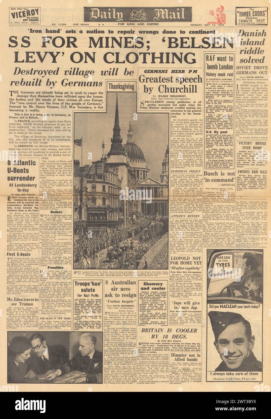1945 la prima pagina del Daily mail riportava i prigionieri delle SS che lavoravano nelle miniere Foto Stock