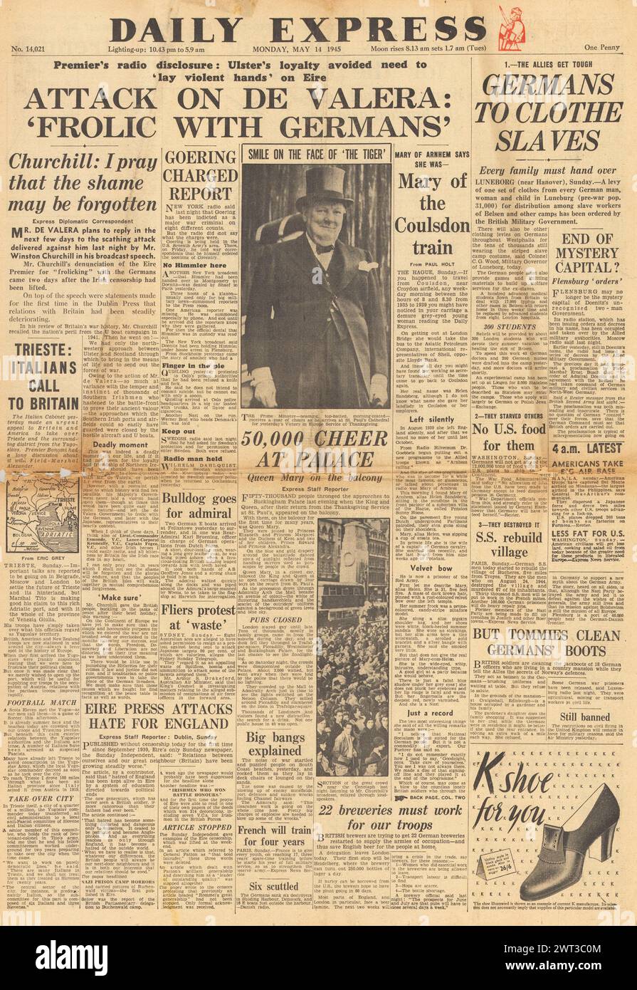 1945 la prima pagina del Daily Express riporta gli attacchi di Churchill de Valera Foto Stock