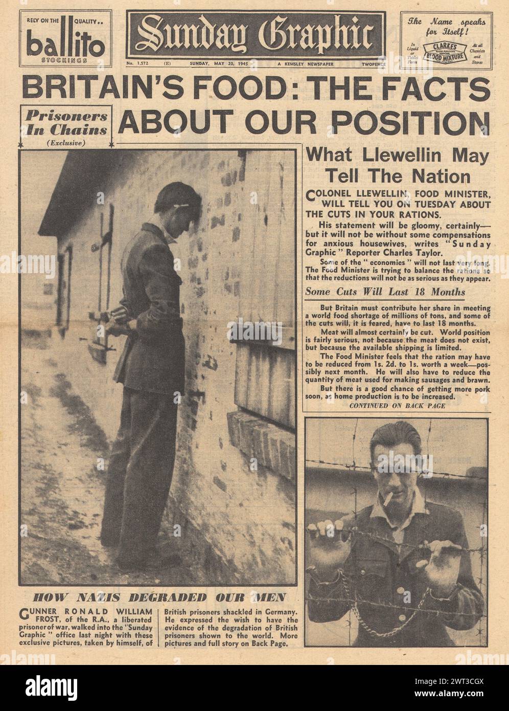 1945 Sunday Graphic in prima pagina che riporta i tagli al razionamento degli alimenti Foto Stock