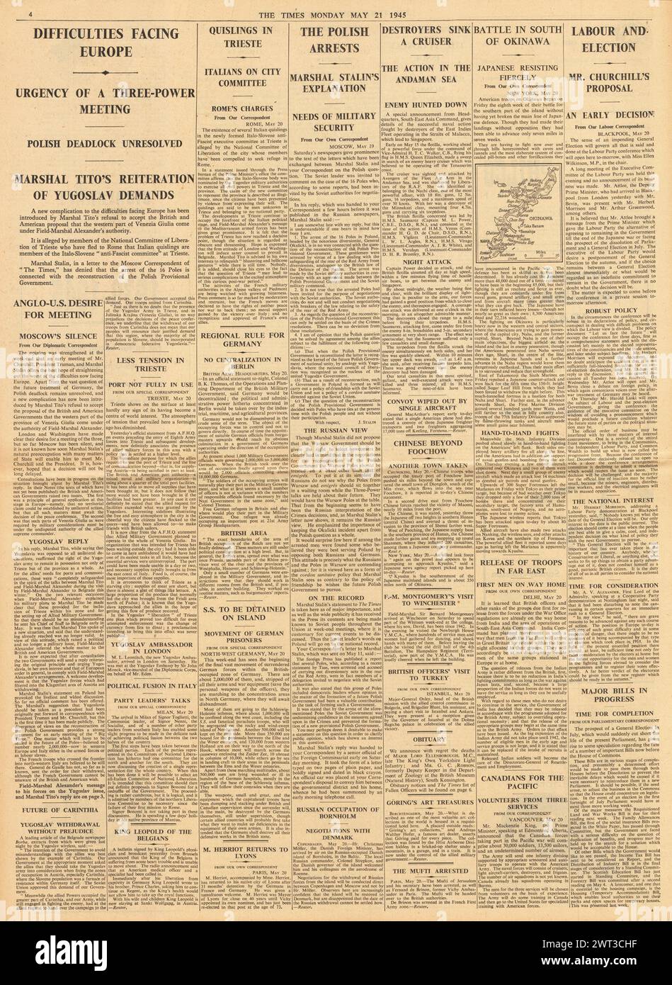 1945 The Times riporta le elezioni generali di luglio probabilmente, Battaglia di Okinawa, Trieste parla in stallo e difficoltà della Germania post-bellica Foto Stock