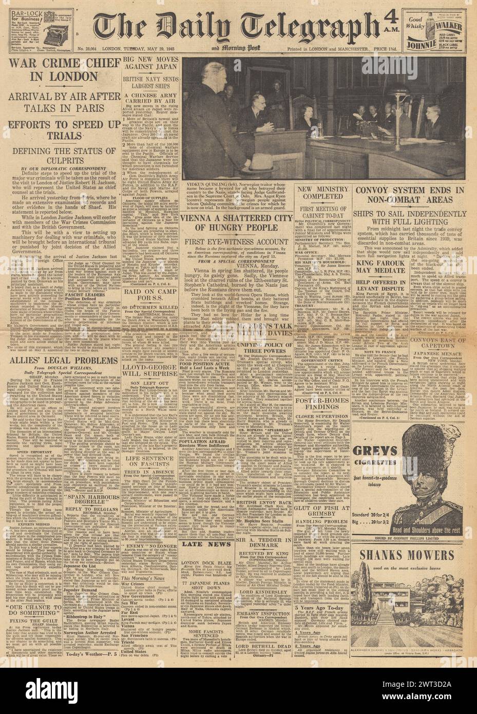 1945 la prima pagina del Daily Telegraph riportava il processo a Vidkun Quisling, giudice del crimine di guerra Robert Jackson a Londra, la fame in rovinato Vienna e la fine del sistema di convogli in aree non di combattimento Foto Stock