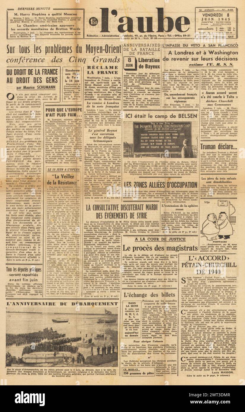 1945 la prima pagina de l'aube riporta il campo di concentramento di Belsen Foto Stock