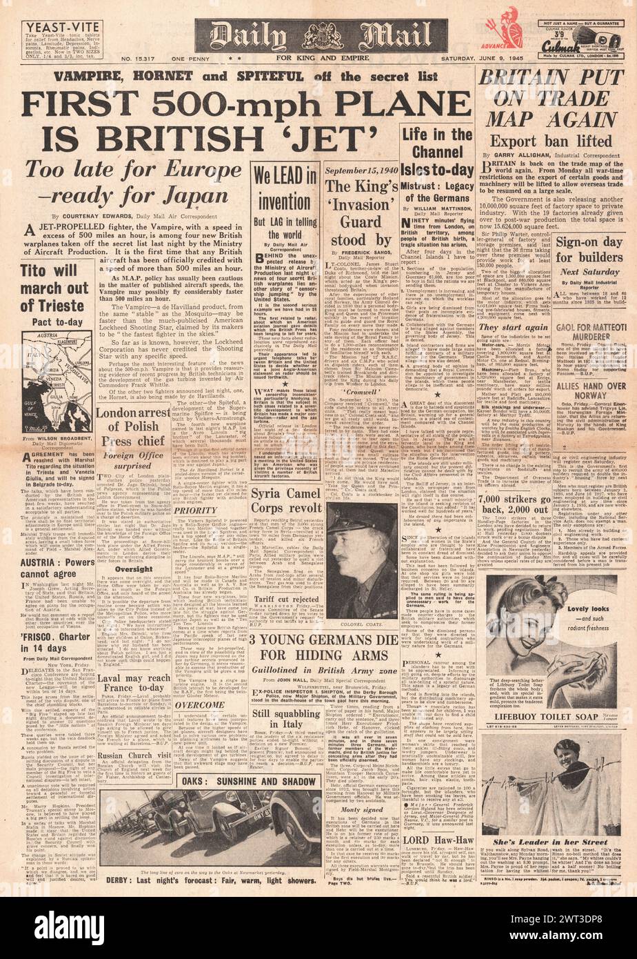 1945 la prima pagina del Daily mail riporta nuovi aerei per il caccia a reazione RAF e Vampire Foto Stock