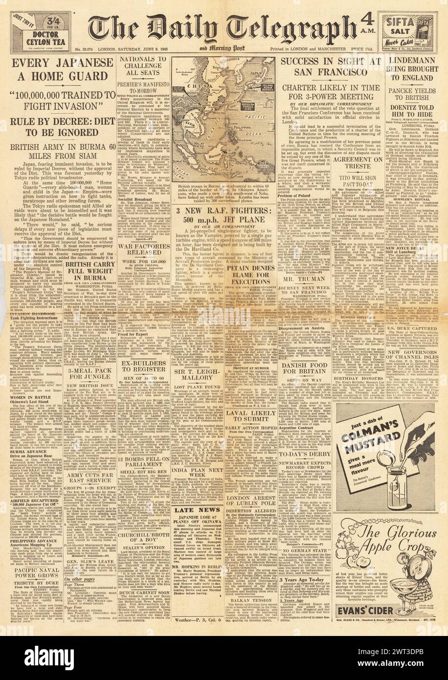 1945 la prima pagina del Daily Telegraph riportava tutti i giapponesi sui compiti della Home Guard, la conferenza di San Francisco, i nuovi aerei per la RAF e gli Alleati avanzavano in Birmania Foto Stock