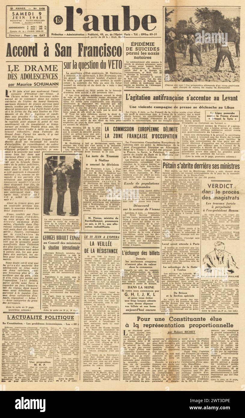 1945 la prima pagina de l'aube che riporta la conferenza di San Francisco Foto Stock