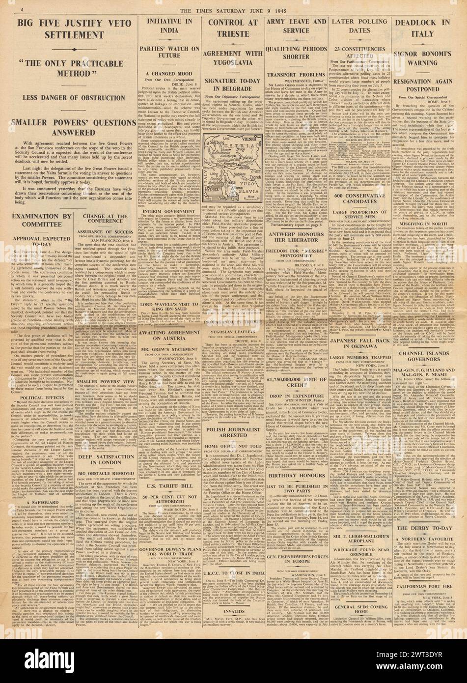 1945 The Times riportava la conferenza di San Francisco, l'accordo con la Jugoslavia su Trieste e la battaglia di Okinawa Foto Stock