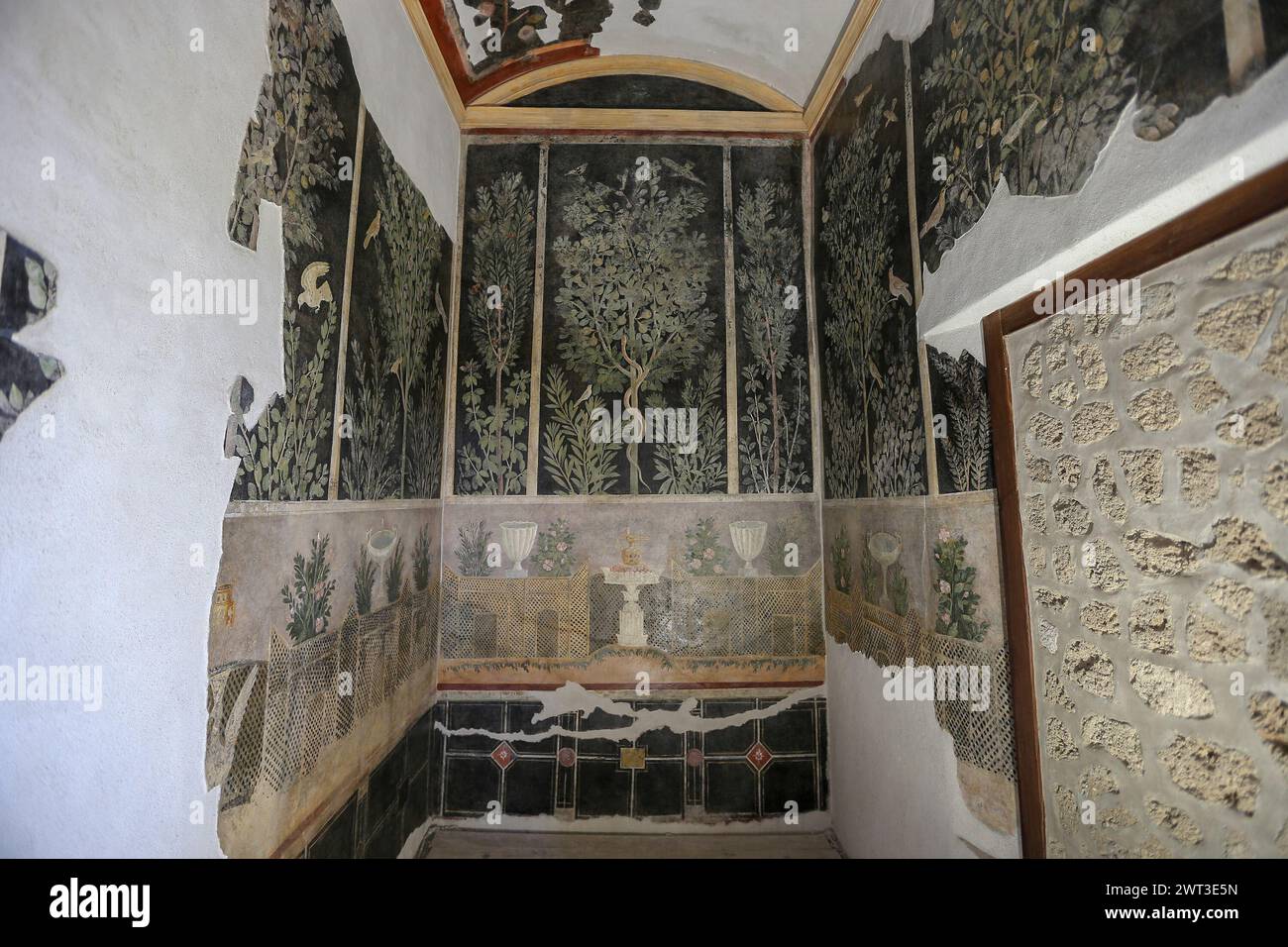 Una vista di uno degli affreschi della restaurata Orchard House, situata negli scavi archeologici di Pompei. Foto Stock