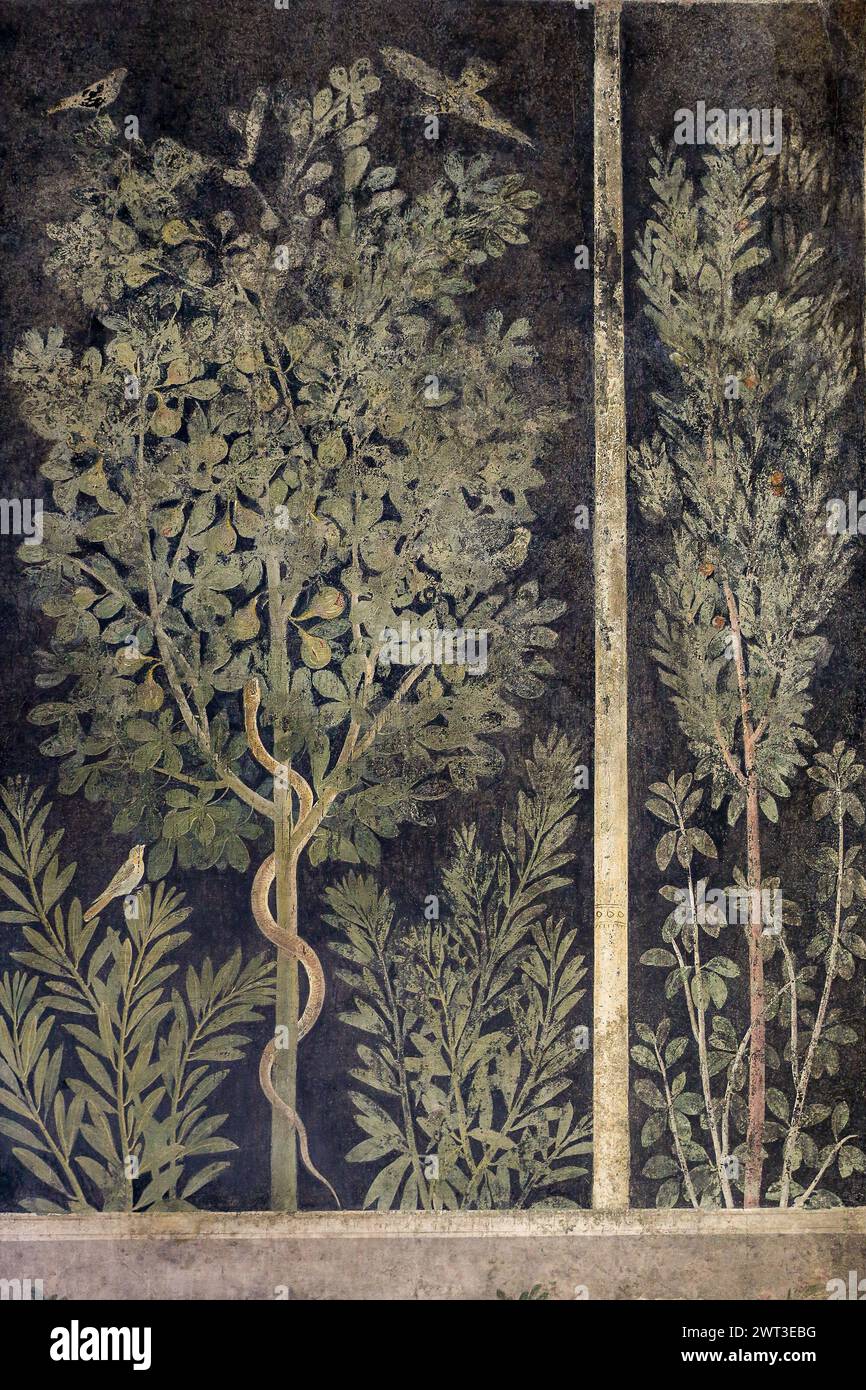 Una vista di uno degli affreschi della restaurata Orchard House, situata negli scavi archeologici di Pompei. Foto Stock