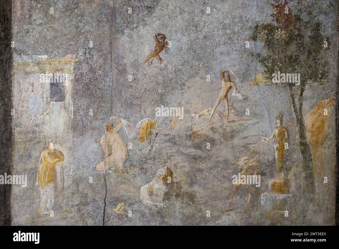 Un dettaglio di uno degli affreschi nella restaurata casa del frutteto, situata negli scavi archeologici di Pompei. Foto Stock