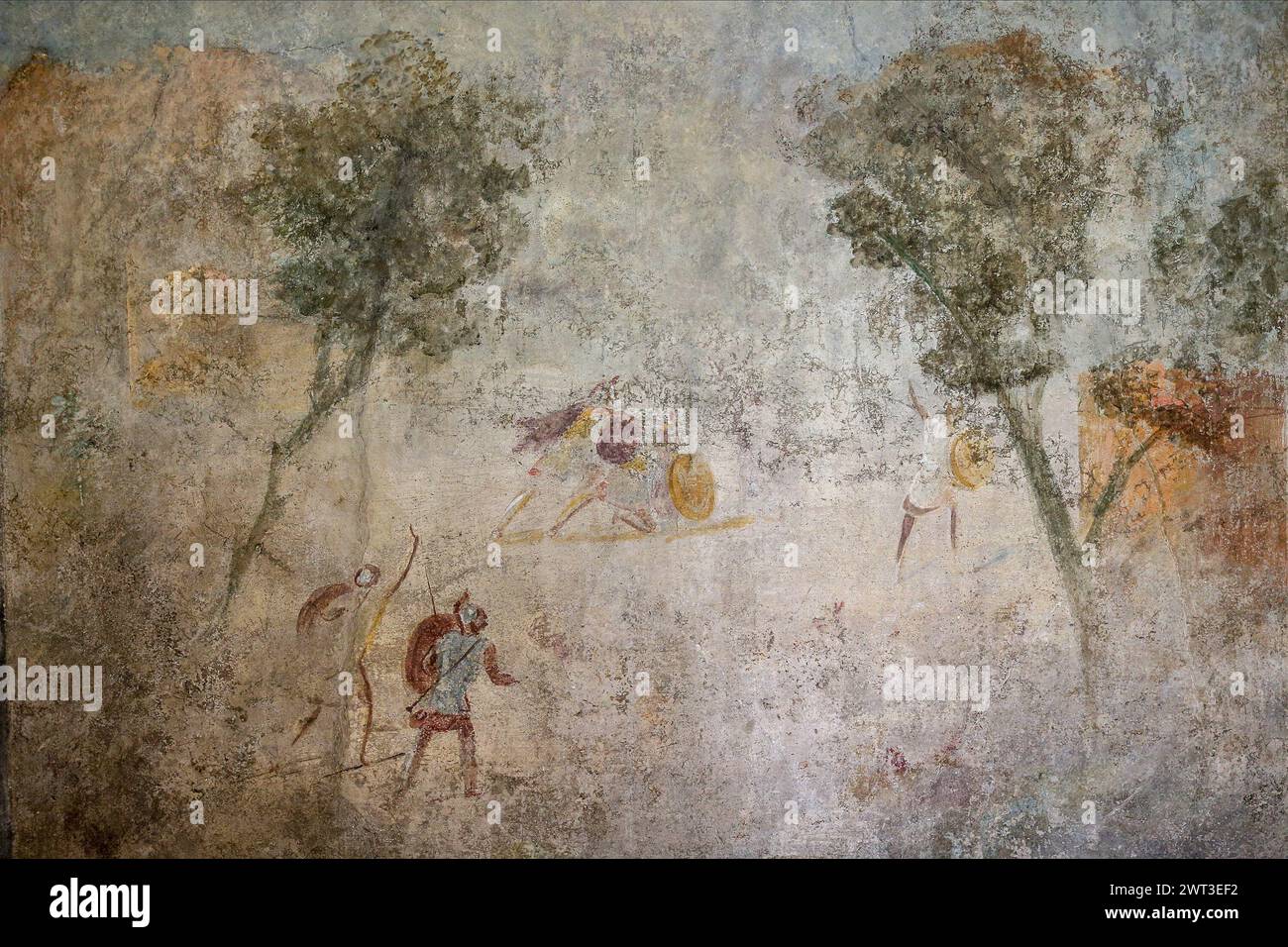 Un dettaglio di uno degli affreschi nella restaurata casa del frutteto, situata negli scavi archeologici di Pompei. Foto Stock