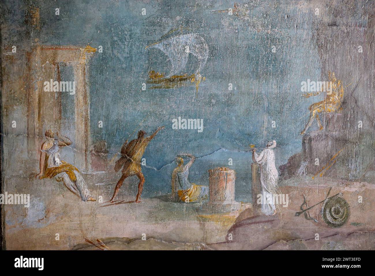 Un dettaglio di uno degli affreschi nella restaurata casa del frutteto, situata negli scavi archeologici di Pompei. Foto Stock