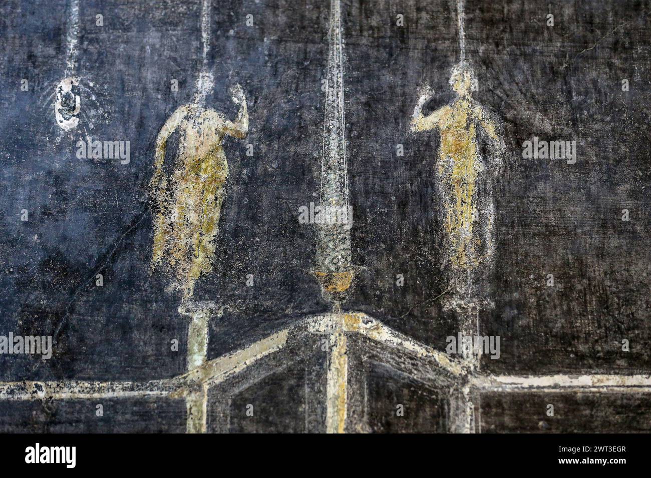 Un dettaglio di uno degli affreschi nella restaurata casa del frutteto, situata negli scavi archeologici di Pompei. Foto Stock