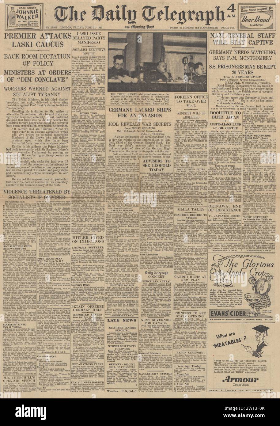 1945 la prima pagina del Daily Telegraph riportava le elezioni generali, i piani alleati per lo Stato maggiore tedesco e la battaglia di Okinawa Foto Stock