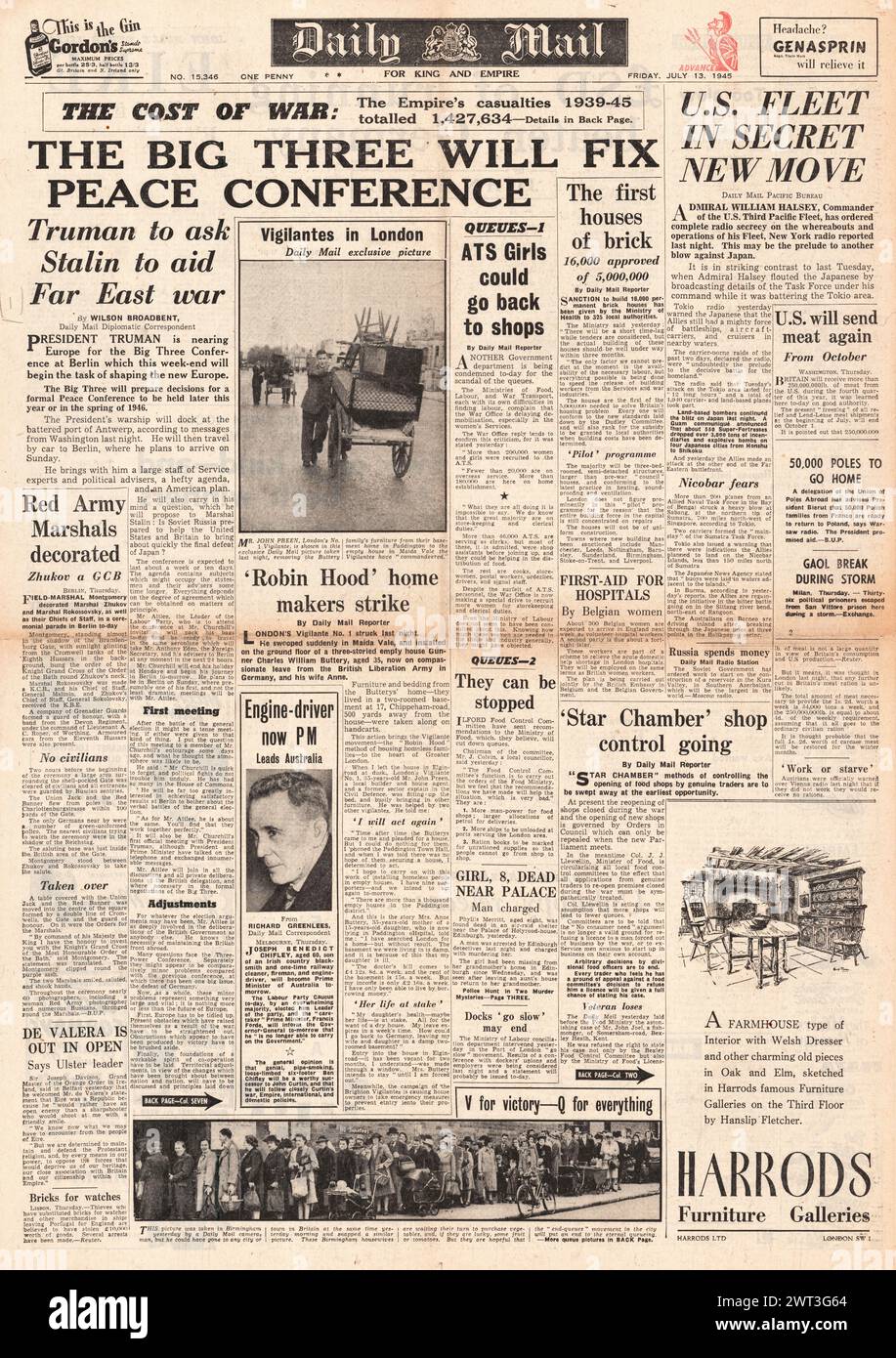 1945 la prima pagina del Daily mail riporta la Conferenza di Potsdam Foto Stock