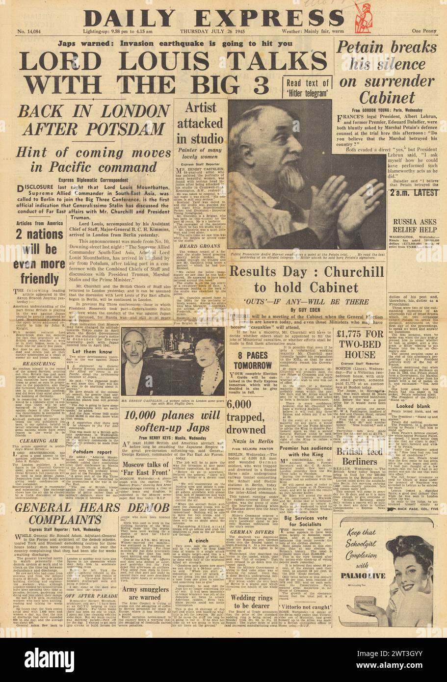 1945 la prima pagina del Daily Express riporta Mountbatten a Potsdam, il processo al maresciallo Petain e le elezioni generali Foto Stock