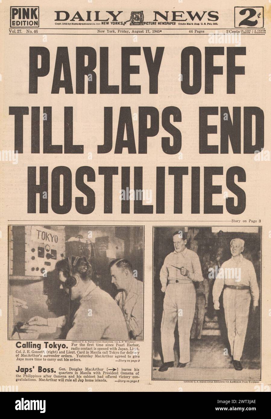 1945 la prima pagina del Daily News riportando che il Giappone ha detto di fermare le ostilità Foto Stock