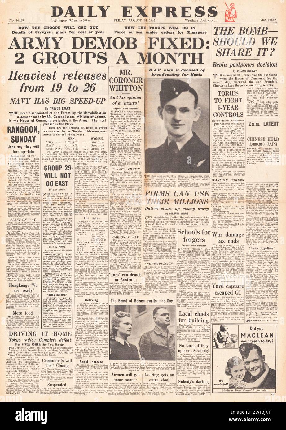 1945 la prima pagina del Daily Express riporta i piani di smobilitazione Foto Stock