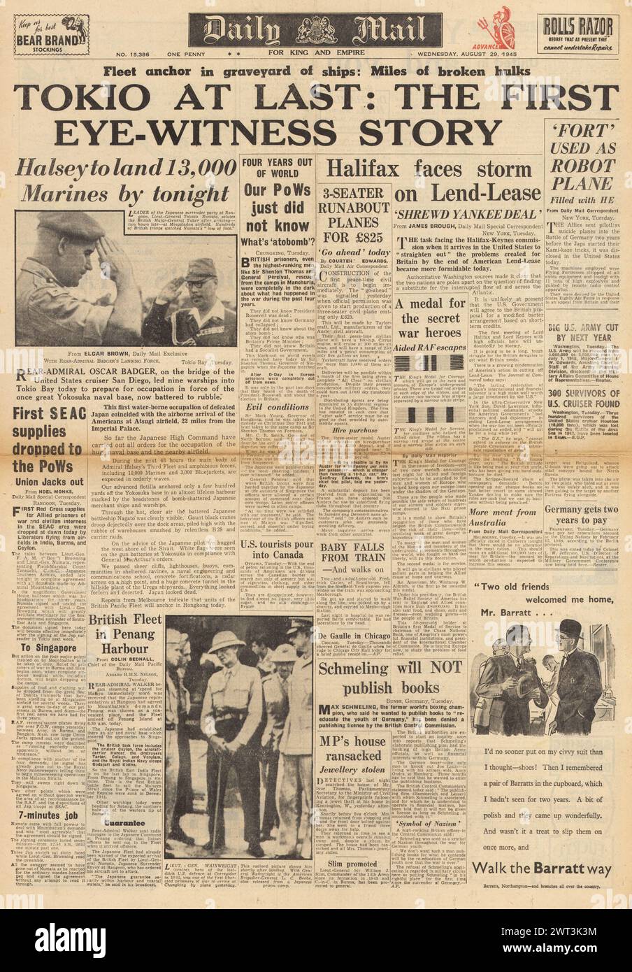 1945 la prima pagina del Daily mail riportava le navi da guerra alleate al largo di Tokyo, l'occupazione del Giappone e il generale Numata si arrende a Rangoon Foto Stock