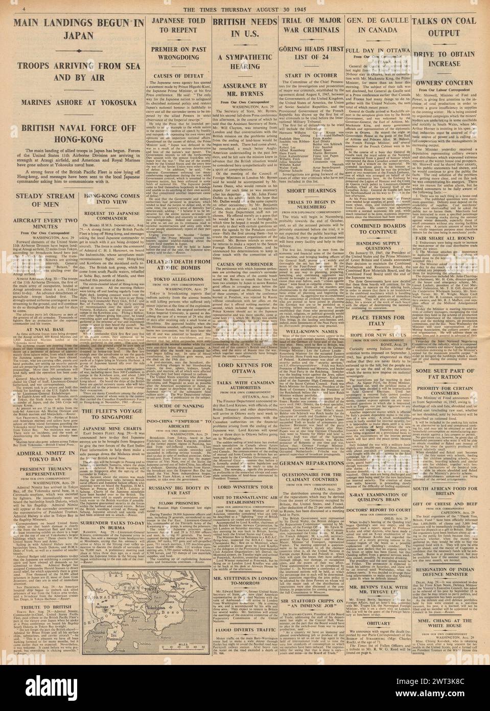 1945 il Times riporta che inizia l'occupazione del Giappone, la Royal Navy arriva a Hong Kong, i principali criminali di guerra nazisti per essere processati a Norimberga e Lend Lease discussioni continuano Foto Stock