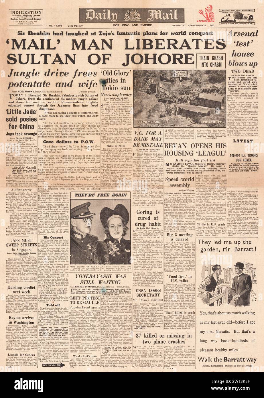 1945 la prima pagina del Daily mail riportava il Sultano di Johore Freed e Bevan e il programma di alloggi Foto Stock