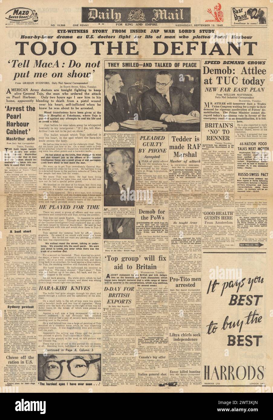 1945 la prima pagina del Daily mail riporta i piani demografici del TUC e del governo e il tentato suicidio del generale Hideki Tojo Foto Stock