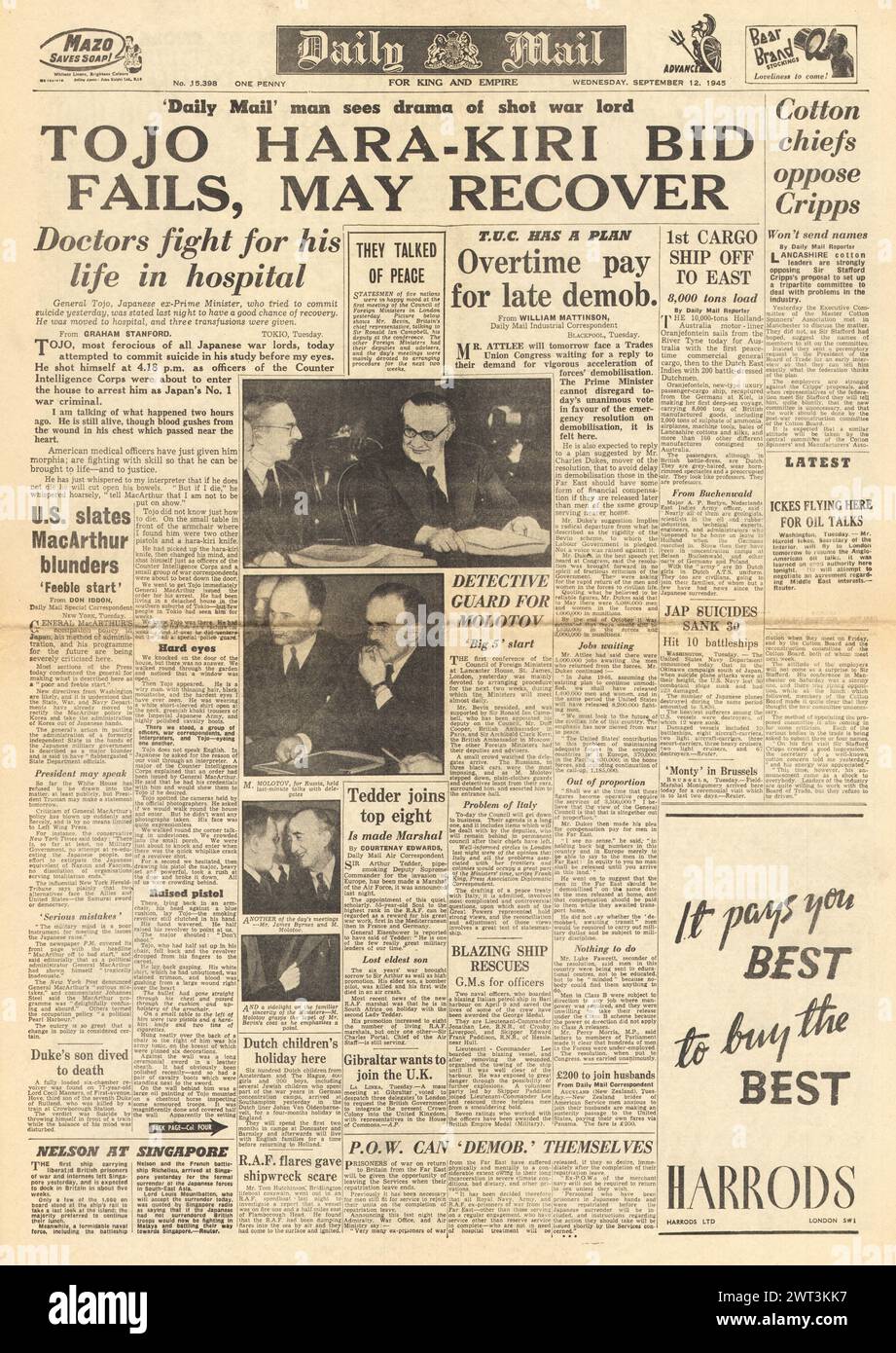 1945 la prima pagina del Daily mail riporta i piani demografici del TUC e del governo e il tentato suicidio del generale Hideki Tojo Foto Stock