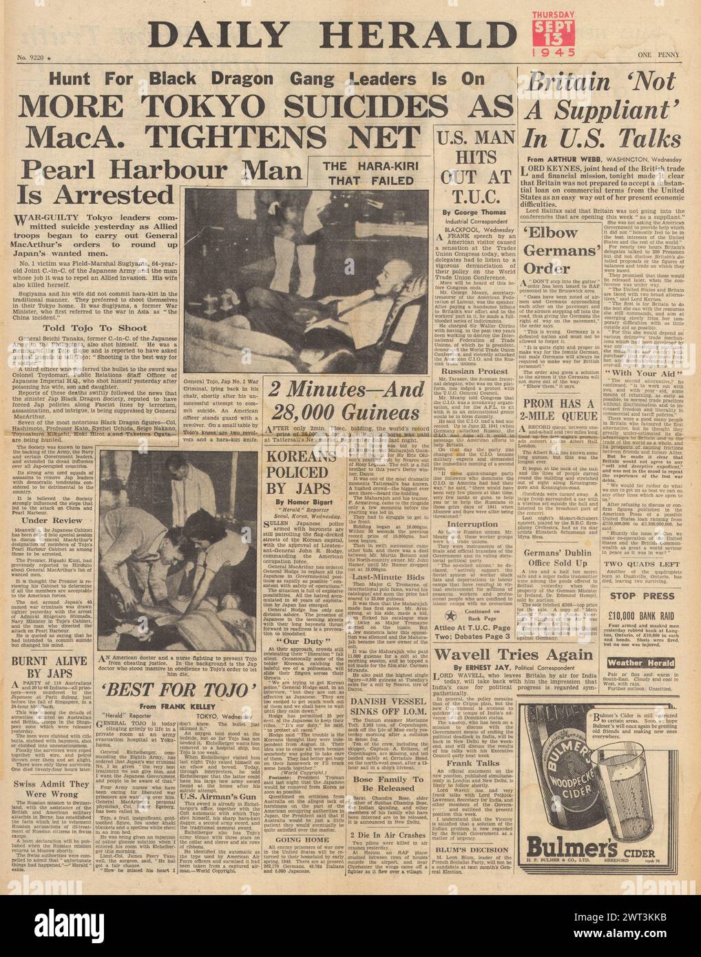 1945 la prima pagina del Daily Herald riporta suicidi da parte dei leader giapponesi e tentato suicidio del generale Hideki Tojo Foto Stock