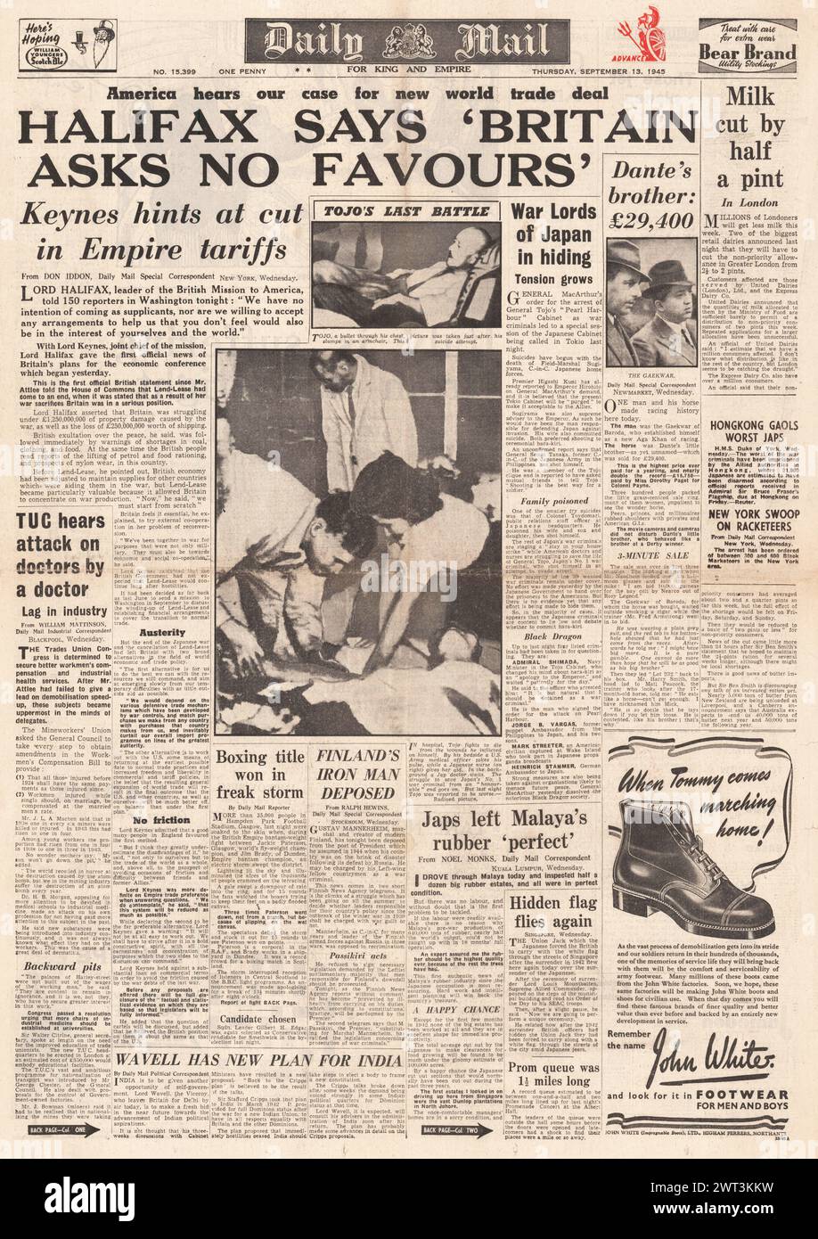 1945 la prima pagina del Daily mail riportava il tentato suicidio della missione commerciale di Tojo e Lord Halifax in America Foto Stock