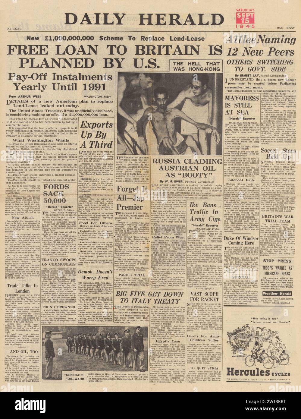 1945 la prima pagina del Daily Herald riporta gli Stati Uniti per prestare denaro alla Gran Bretagna, i prigionieri di guerra a Hong Kong e Attlee annunciano dodici nuovi pari Foto Stock
