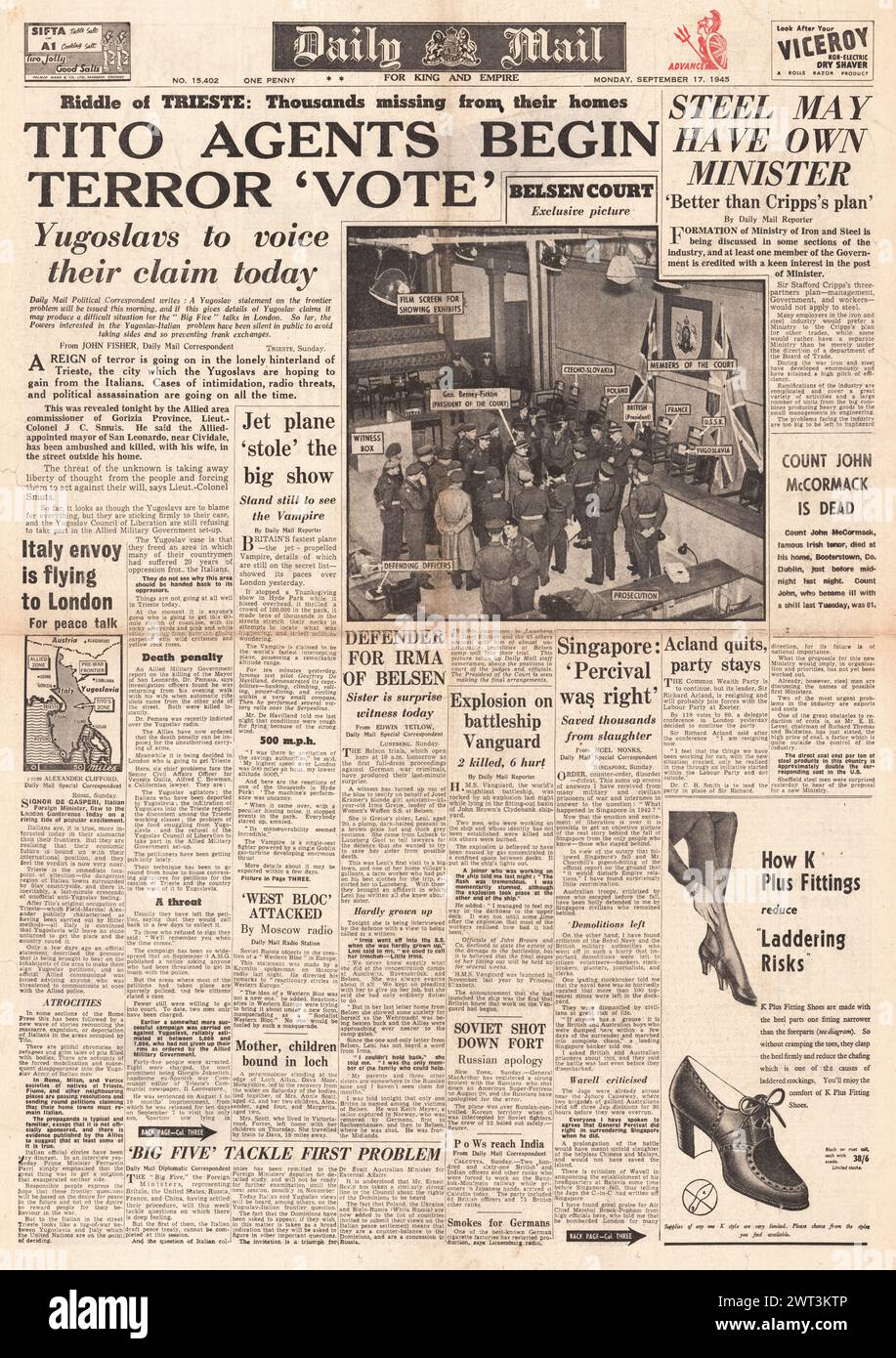 1945 la prima pagina del Daily mail riporta il regno del terrore a Trieste, Belsen Trials to BEGIN ed esplosione sulla HMS Vanguard Foto Stock